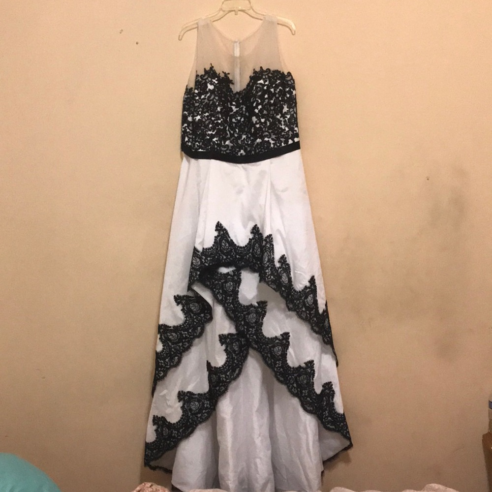 Black and white prom dress with train